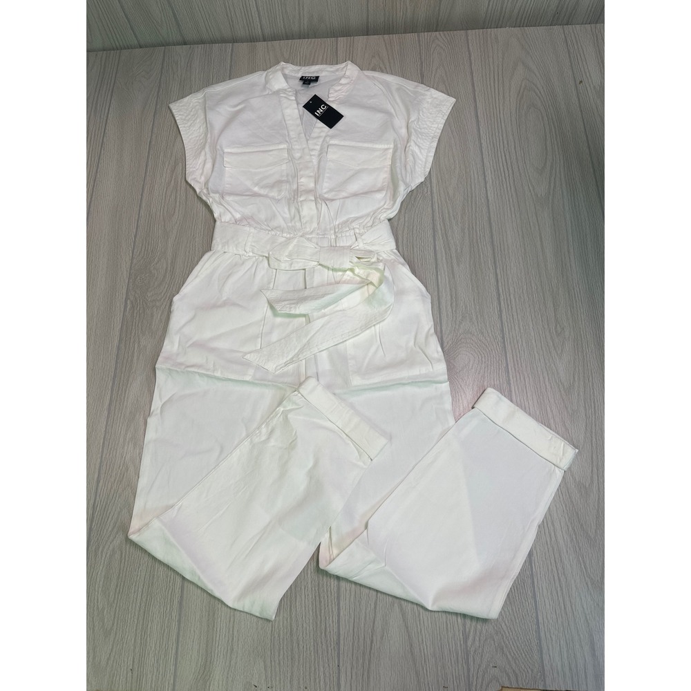 INC International Concepts White Linen Blend Utility Jumpsuit Size 10 NEW